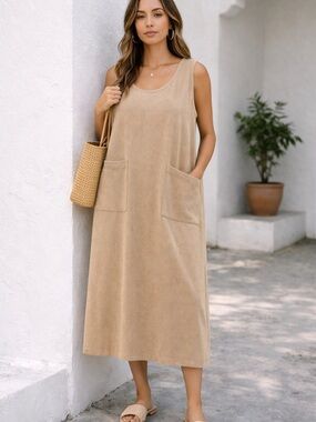90s Y2K Minimalist Tan Cotton Sleeveless Midi Dress Boxy Pockets M Summer Staple